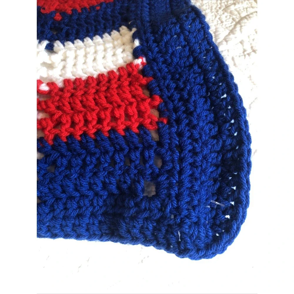 Granny Blanket Crochet Red White Blue Patriotic Americana Handmade Throw 32 X38
